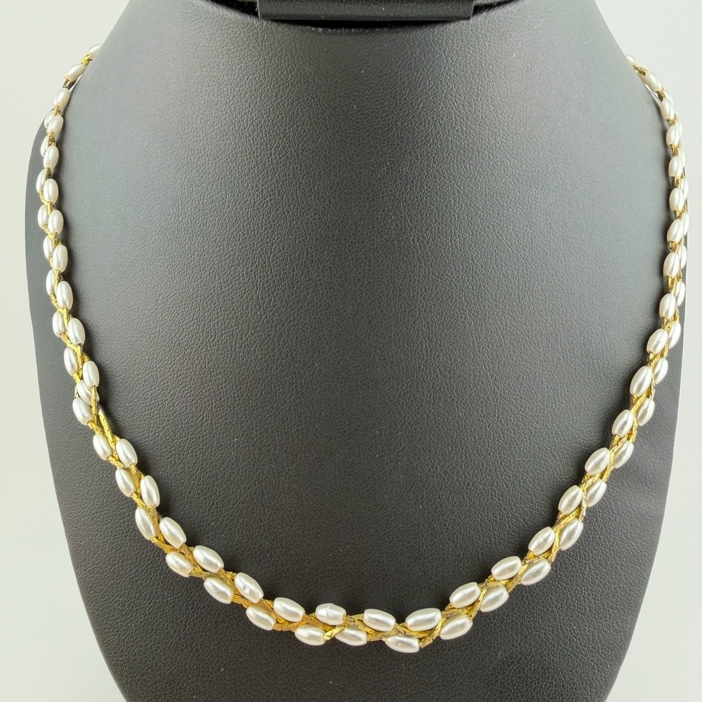 24" Gold White Faux Rice Pearl Interwoven Vintage Necklace